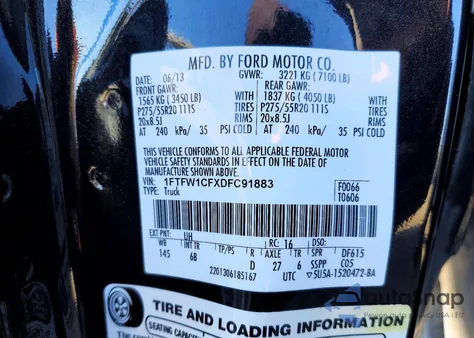 2013 Ford F150 Supercrew z USA, uszkodzony, nr VIN 1FTFW1CFXDFC91883